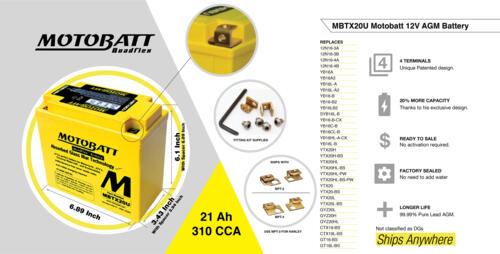 MotoBatt Quadflex Patented 4 Terminal Battery MBTX20U