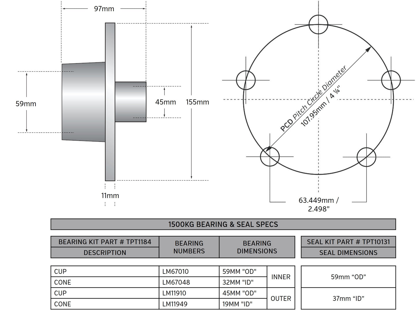 Trojan 1500kg Non Braked Hub Set Pair 5 x 4 1/4 x 7/16" Galvanised - No stub axles