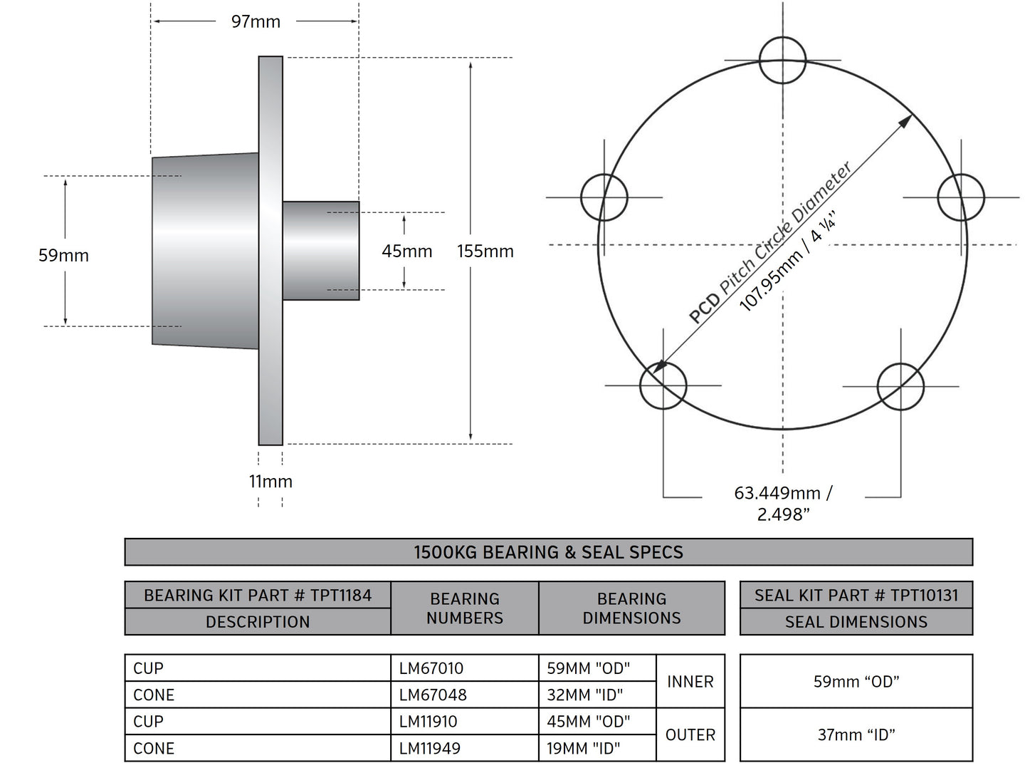 Trojan 1500kg Non Braked Hub Set Pair 5 x 4 1/4 x 7/16" Galvanised - No stub axles